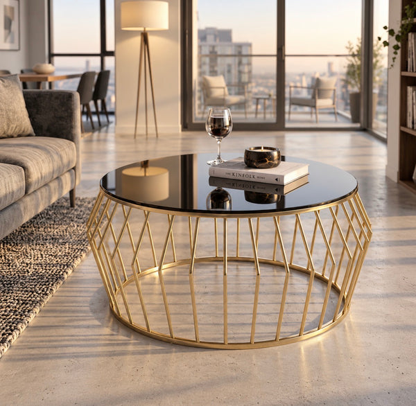 Ronde Salontafel Goud Zwart Glas 90 CM